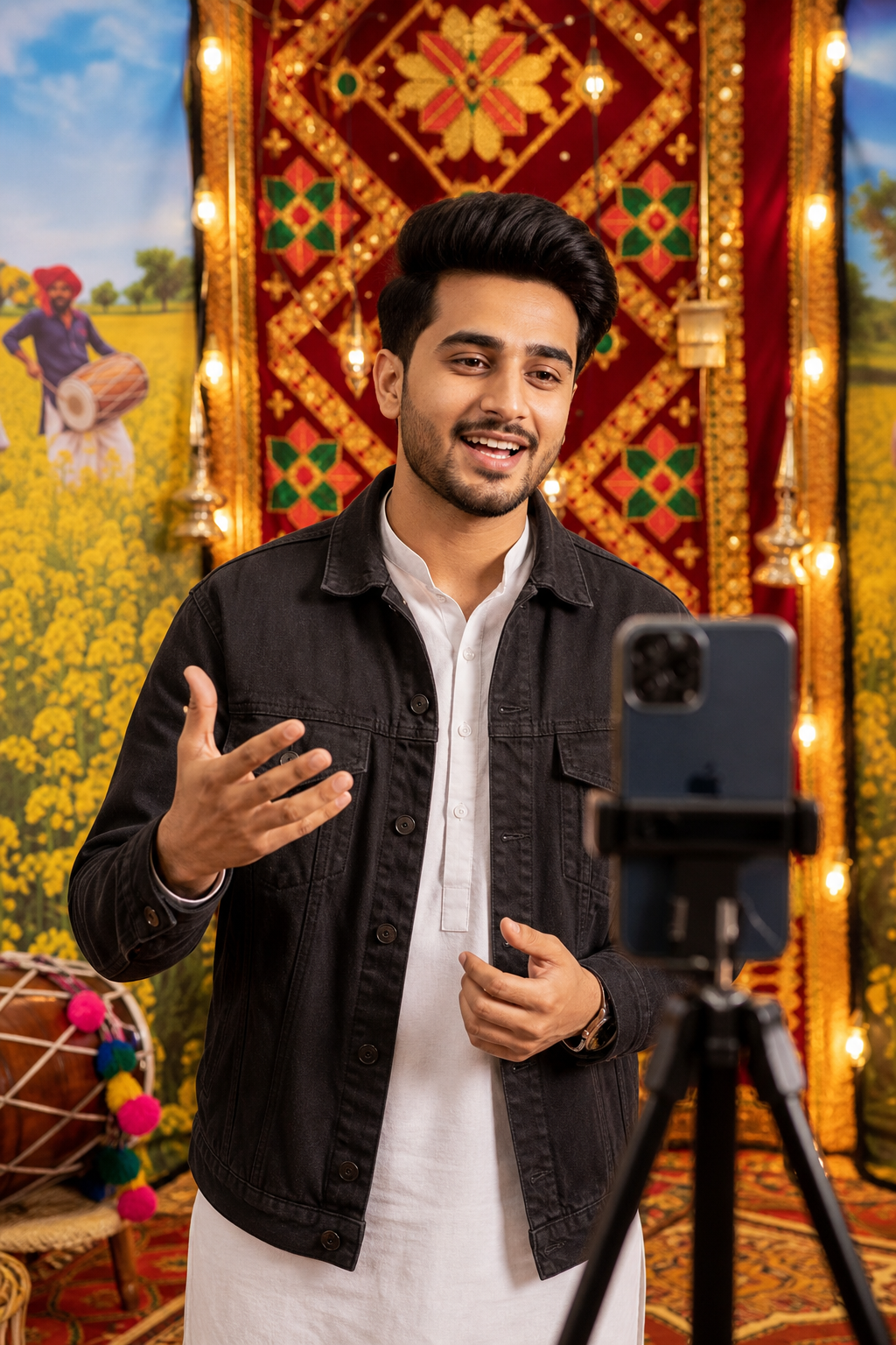 A creator filming content in front of a Punjabi cultural backdrop