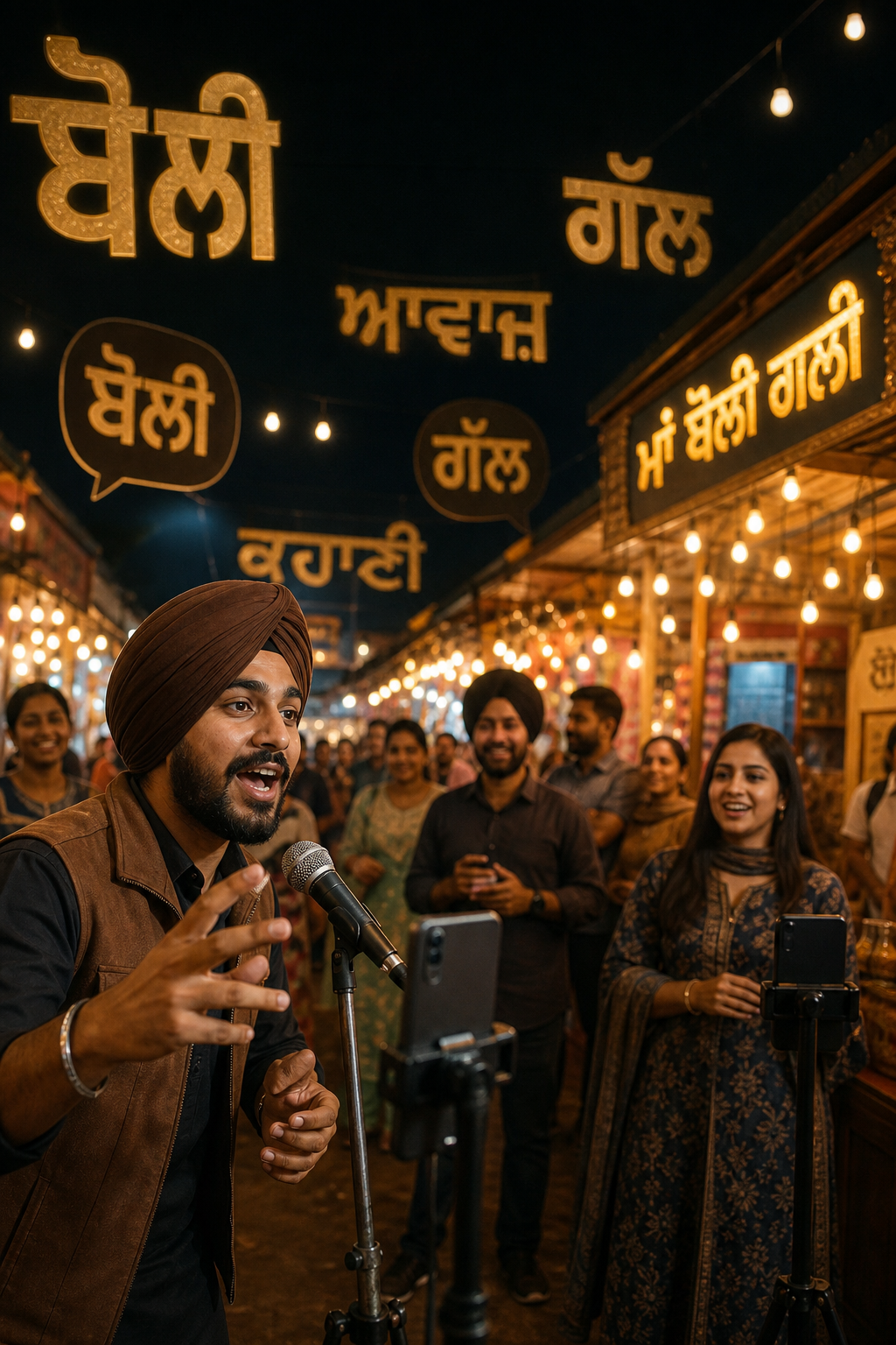 An influencer speaking into a mic with Punjabi words behind them