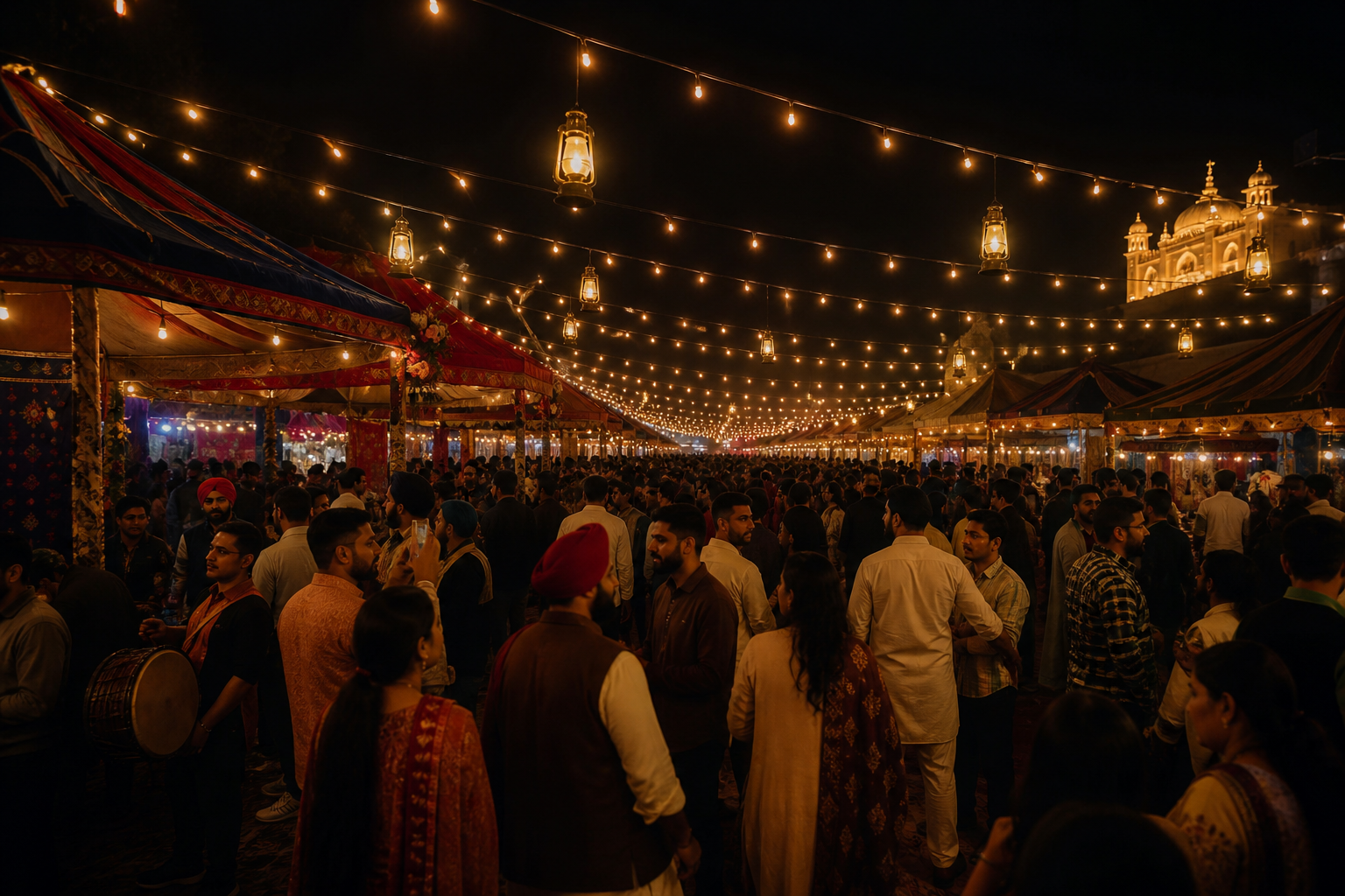Punjabi night mela with lights, stalls and a festive crowd