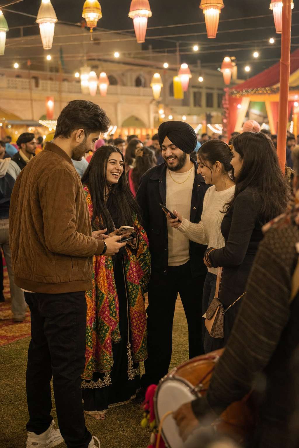 Influencers mingling and chatting at a Punjabi mela courtyard